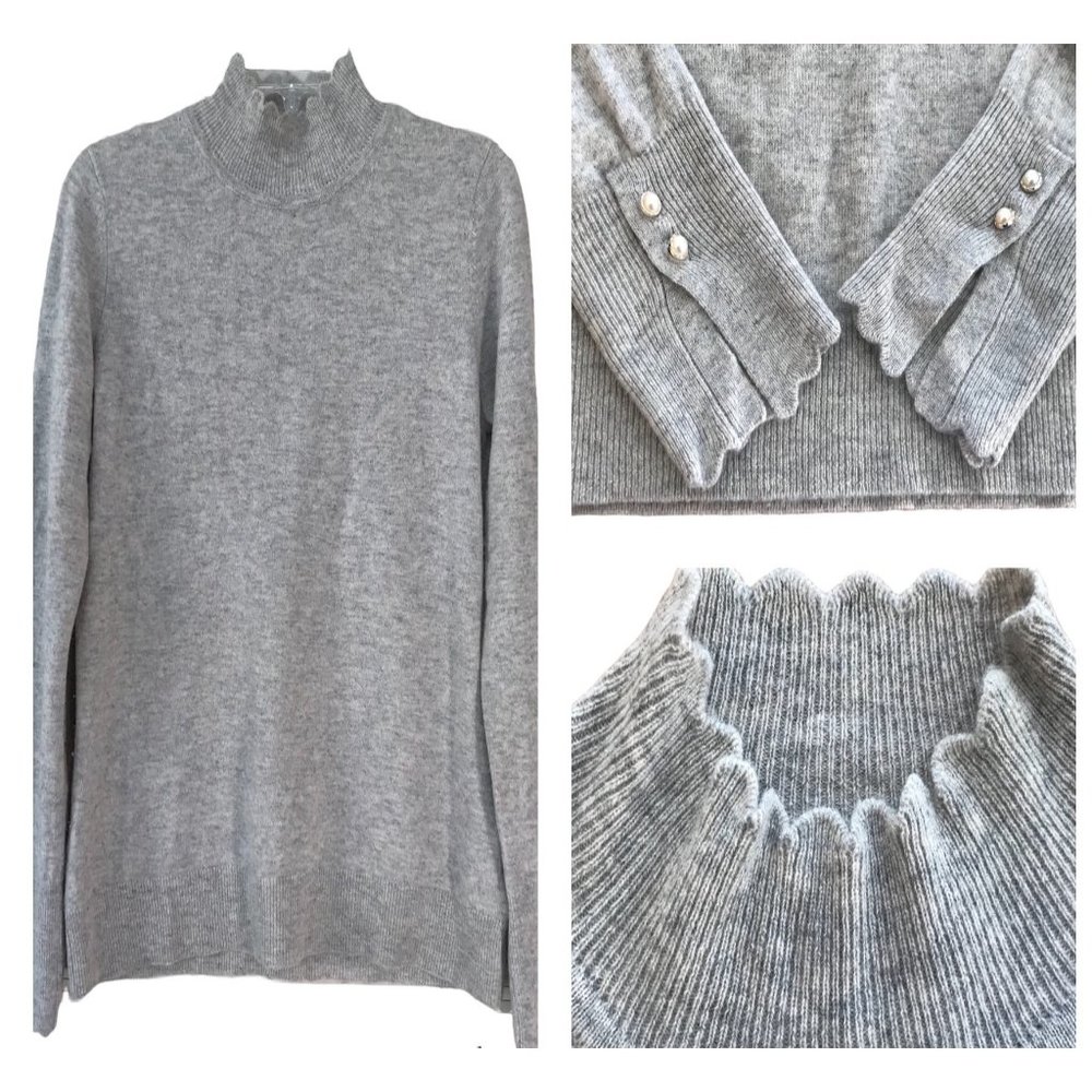 Nanette Lepore Gray M 100% Cashmere 2 Ply Scalloped Mock Neck Button Cuffs